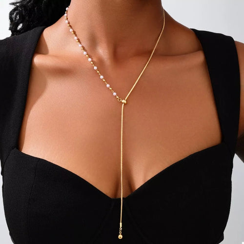 18K Gold-Plated Chain Y-Drop Necklace with Synthetic Pearl Accent - Aura Apparel