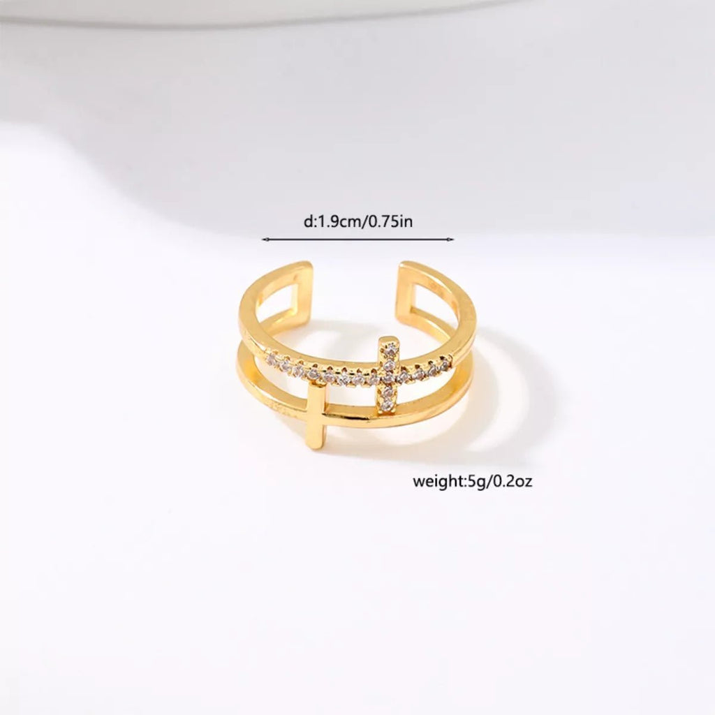 18K Gold-Plated Rhinestone Cross Open Ring - Aura Apparel