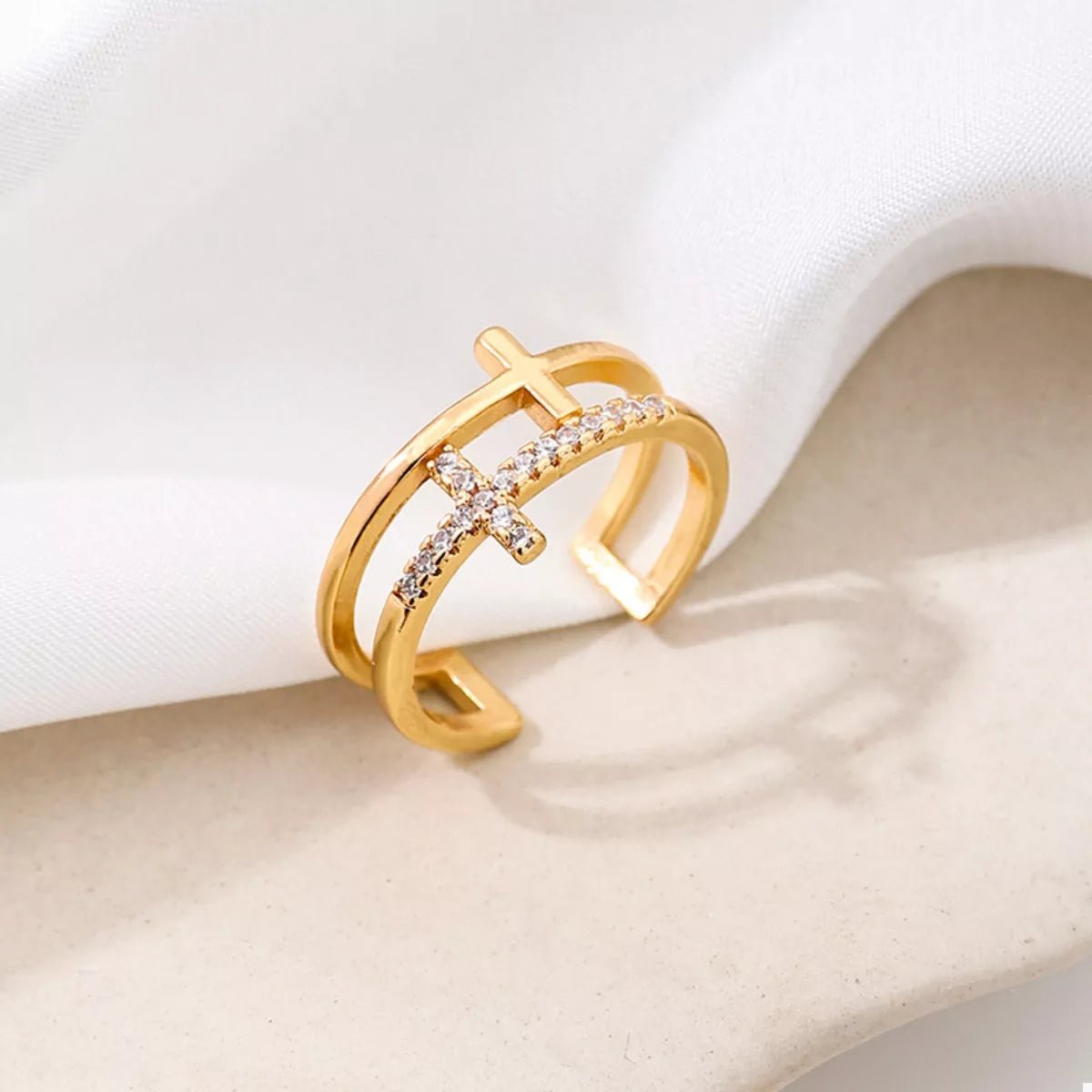 18K Gold-Plated Rhinestone Cross Open Ring - Aura Apparel