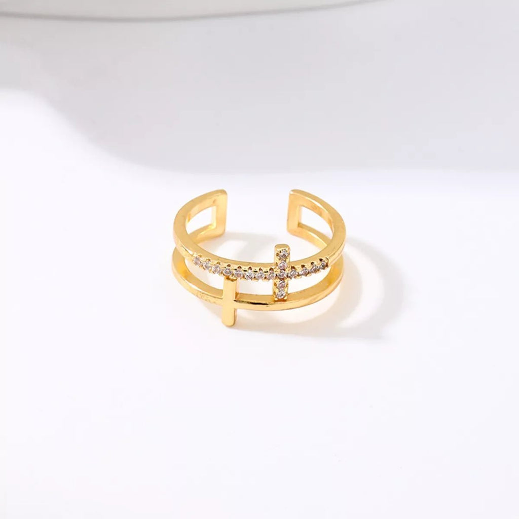 18K Gold-Plated Rhinestone Cross Open Ring - Aura Apparel