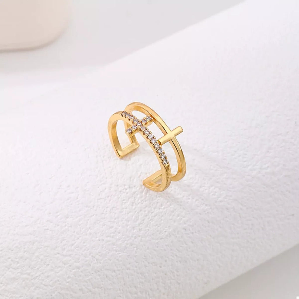 18K Gold-Plated Rhinestone Cross Open Ring - Aura Apparel