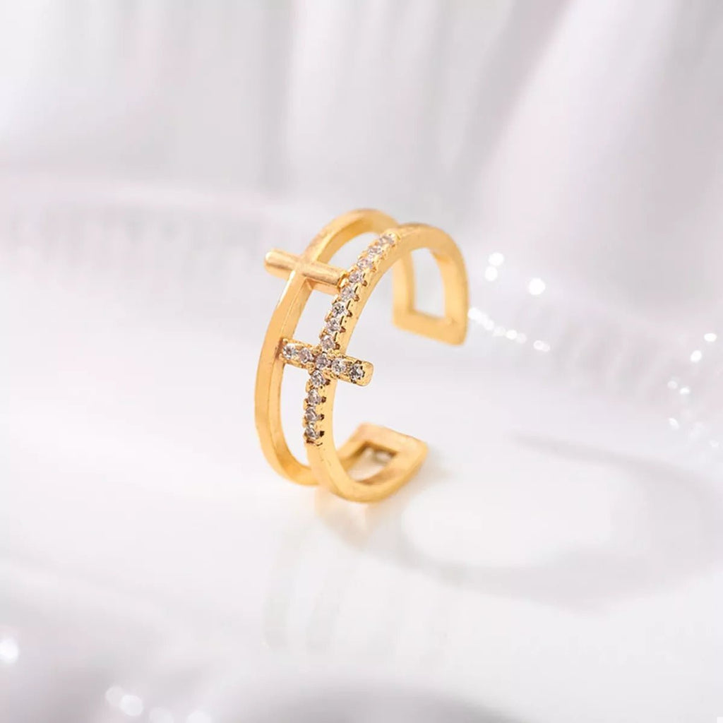 18K Gold-Plated Rhinestone Cross Open Ring - Aura Apparel