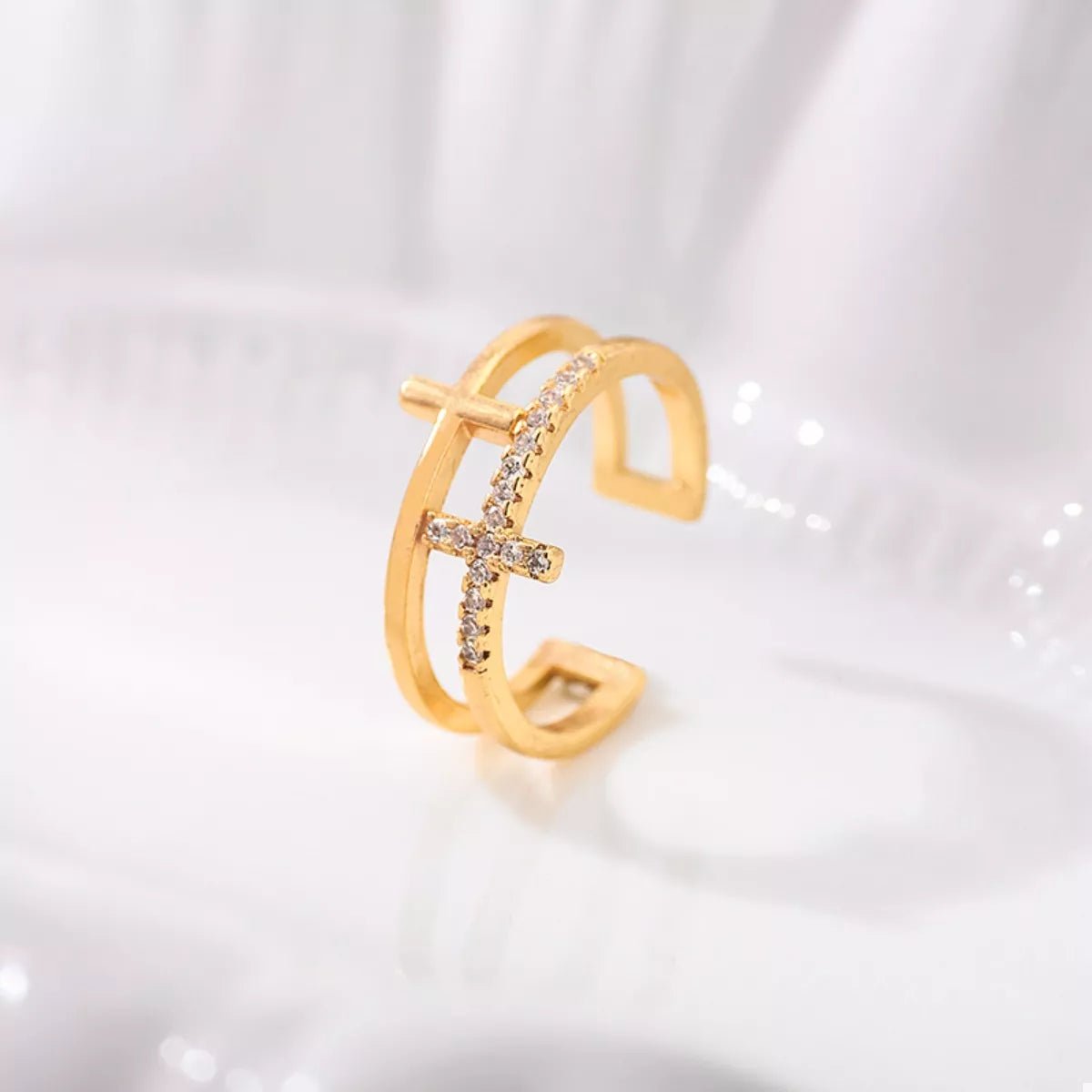18K Gold-Plated Rhinestone Cross Open Ring - Aura Apparel