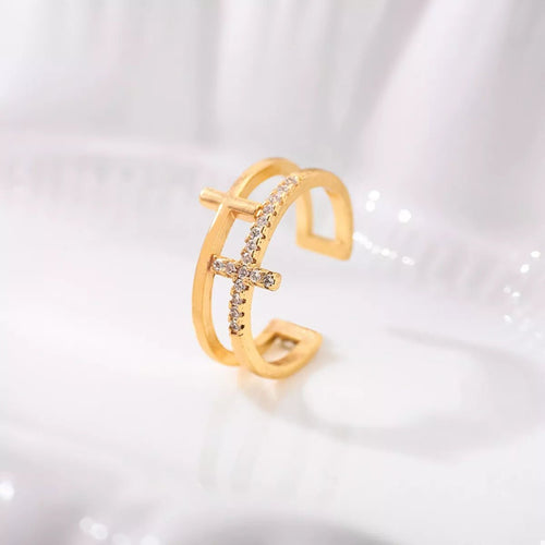 18K Gold-Plated Rhinestone Cross Open Ring - Aura Apparel