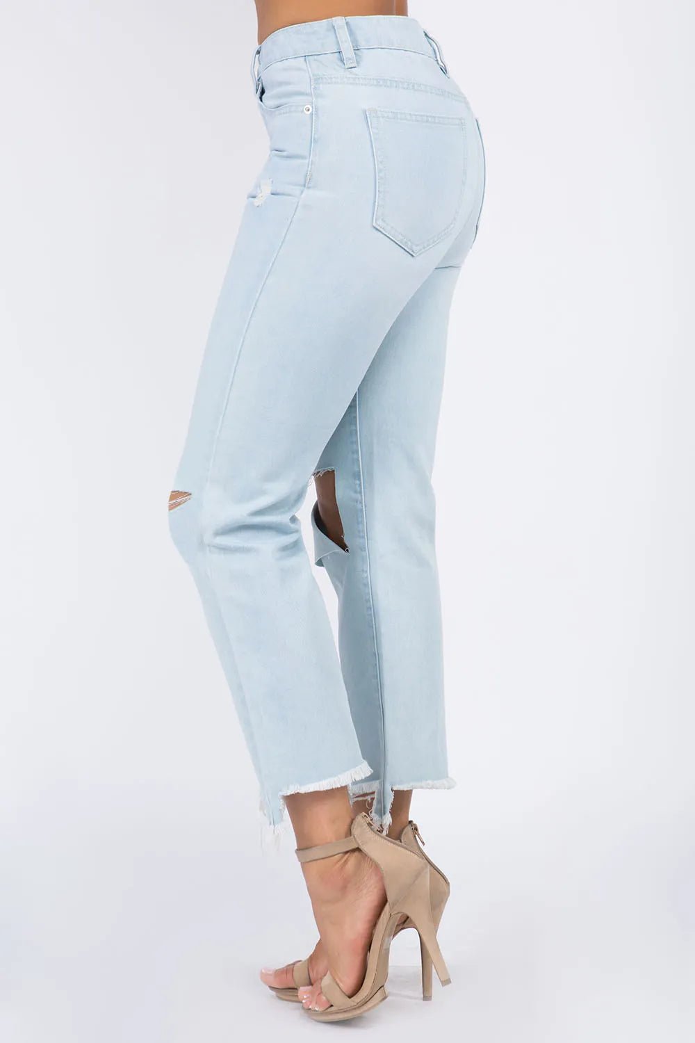 American Bazi High Waist Distressed Raw Hem Jeans - Aura Apparel
