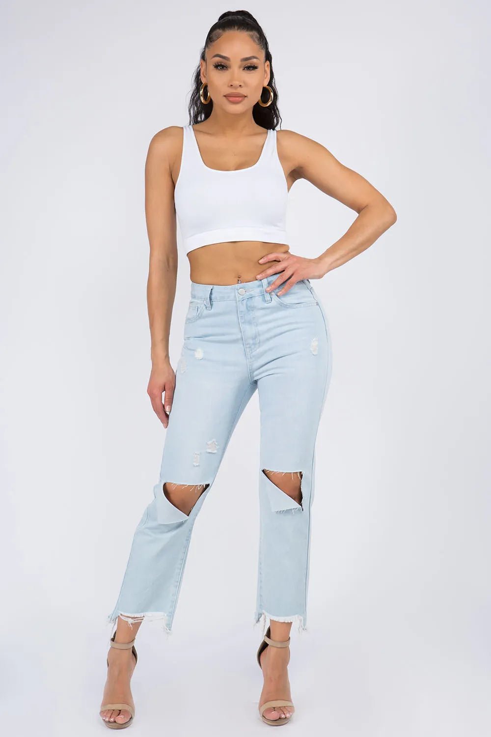 American Bazi High Waist Distressed Raw Hem Jeans - Aura Apparel