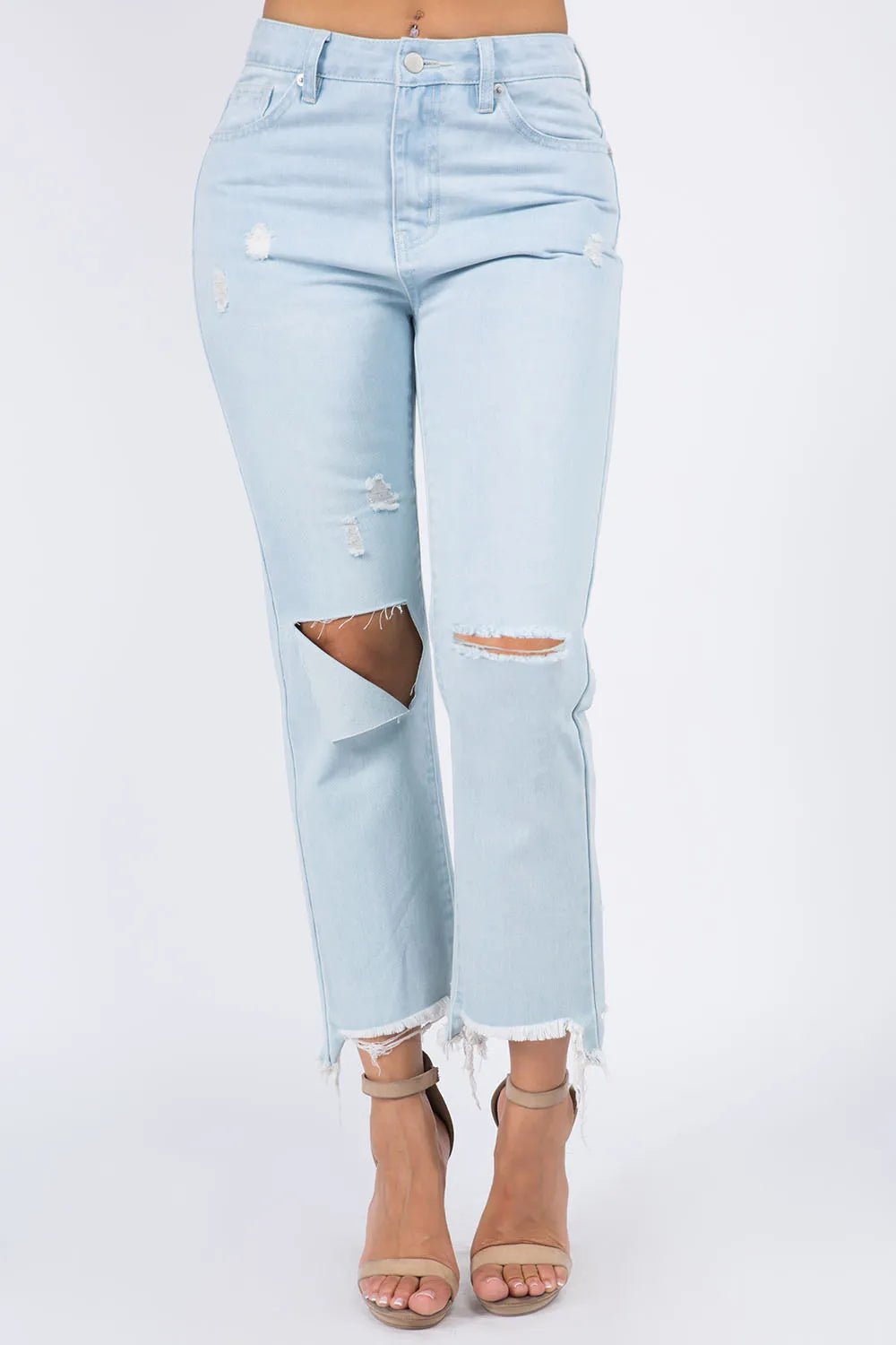 American Bazi High Waist Distressed Raw Hem Jeans - Aura Apparel