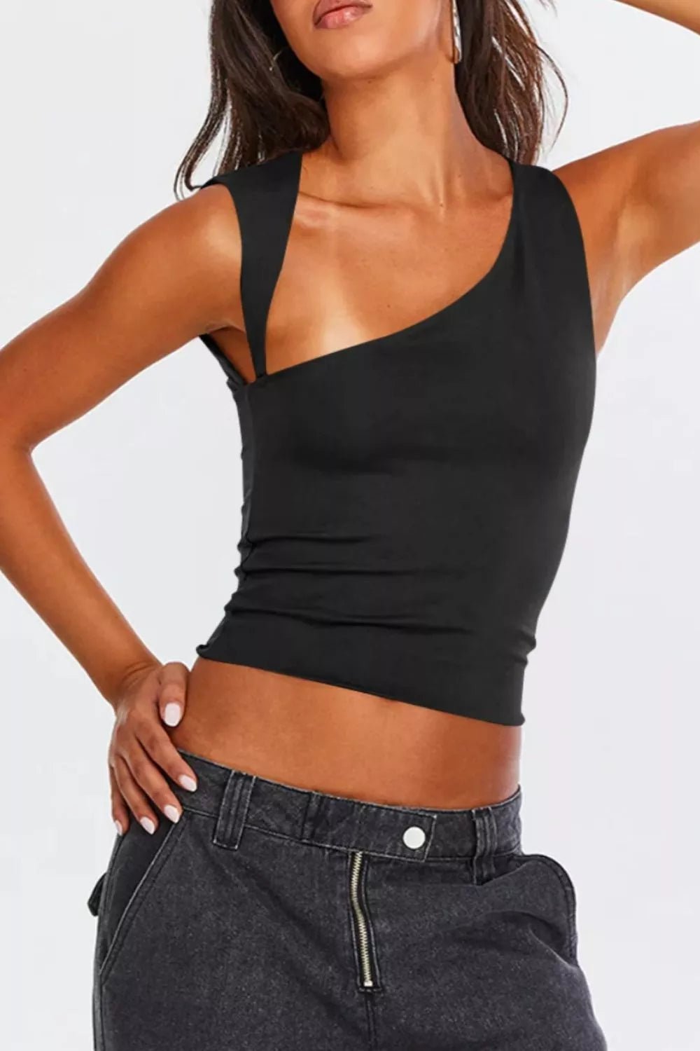 Asymmetrical Neckline Sleeveless Tank - Aura Apparel