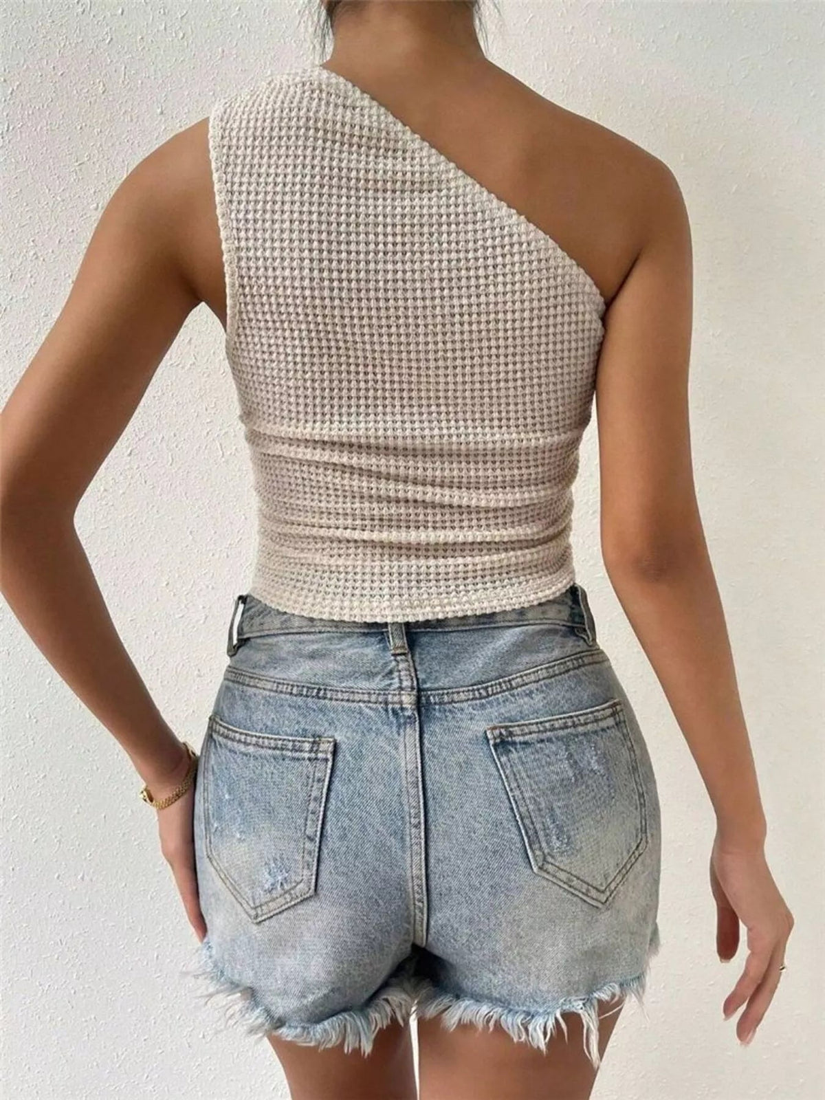 Asymmetrical One-Shoulder Waffle Knit Tank - Aura Apparel