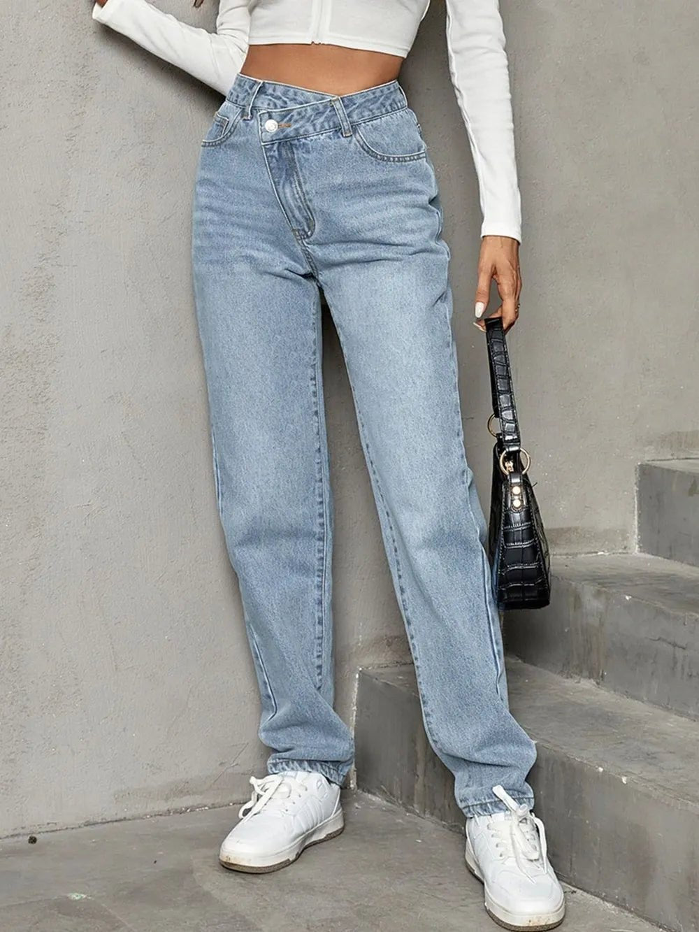 Asymmetrical Waist Straight Leg Jeans - Aura Apparel