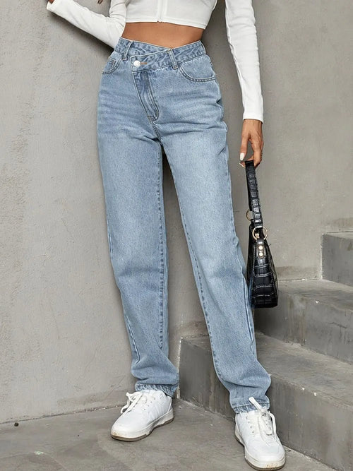 Asymmetrical Waist Straight Leg Jeans - Aura Apparel
