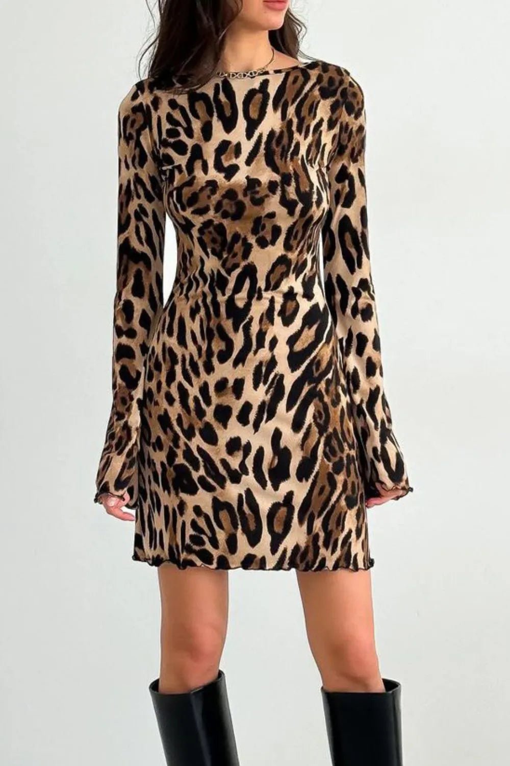 Backless Leopard Long Sleeve Mini Dress - Aura Apparel