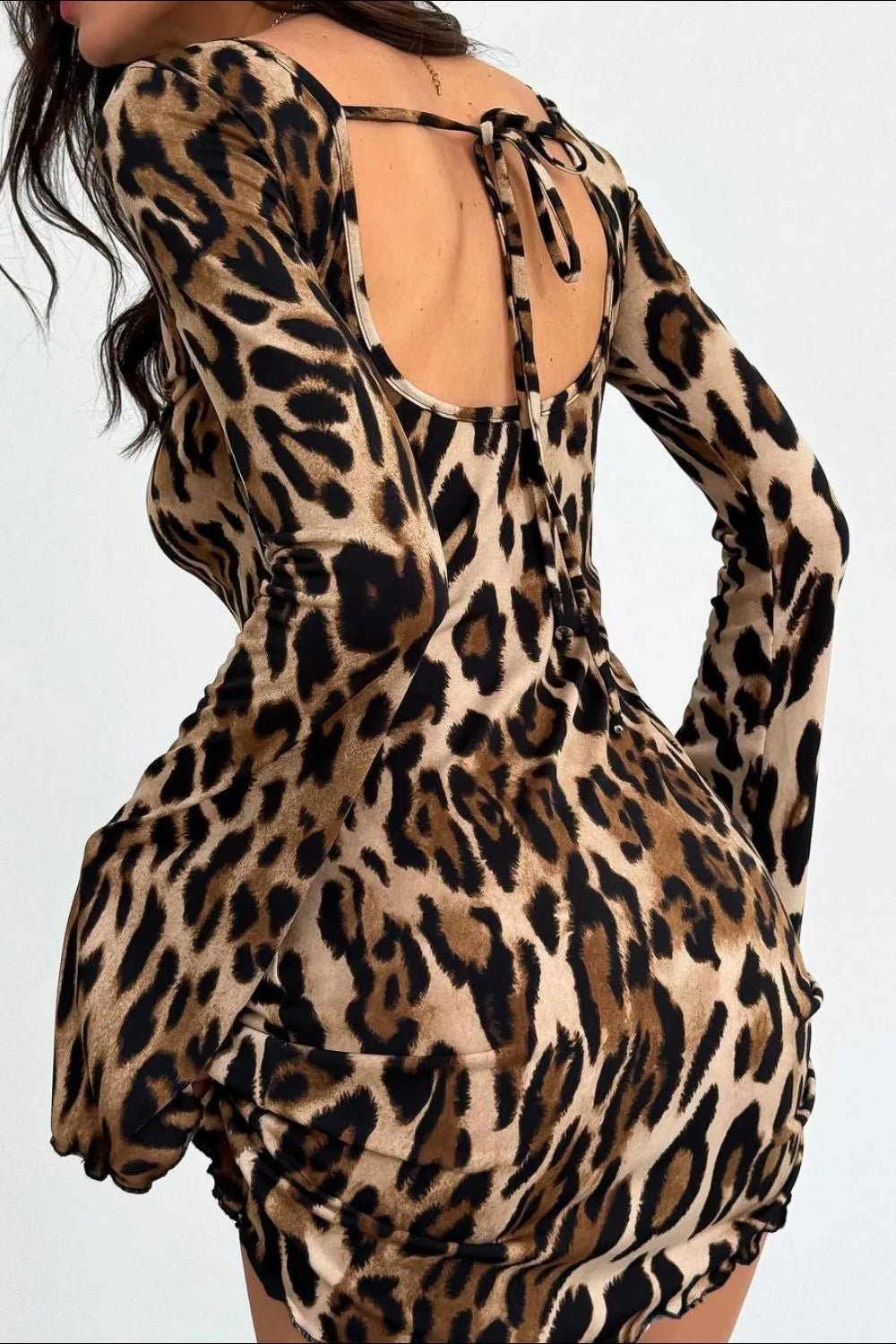 Backless Leopard Long Sleeve Mini Dress - Aura Apparel