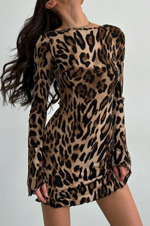 Backless Leopard Long Sleeve Mini Dress - Aura Apparel