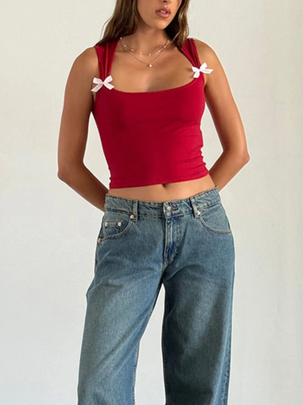 Bow Detail Square Neck Cropped Tank - Aura Apparel