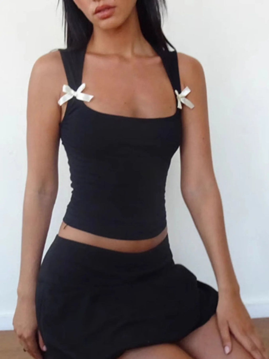 Bow Detail Square Neck Cropped Tank - Aura Apparel
