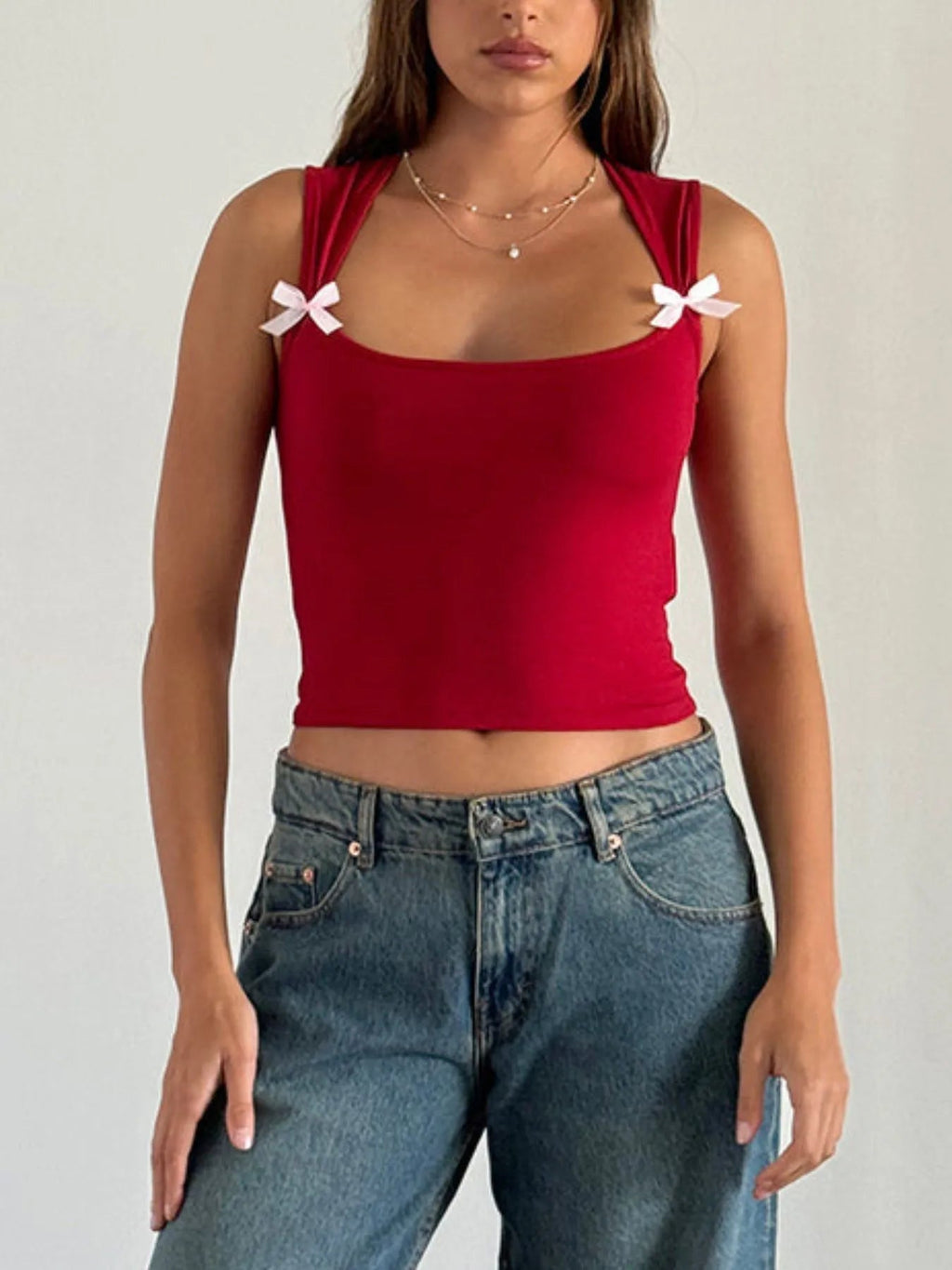 Bow Detail Square Neck Cropped Tank - Aura Apparel