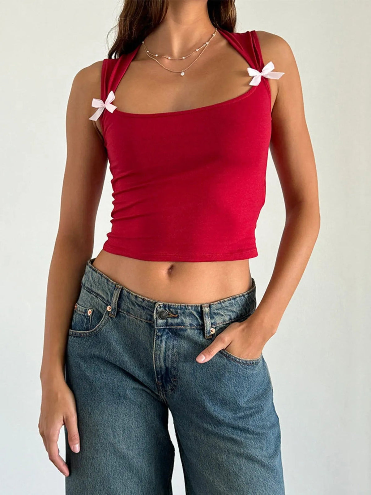 Bow Detail Square Neck Cropped Tank - Aura Apparel