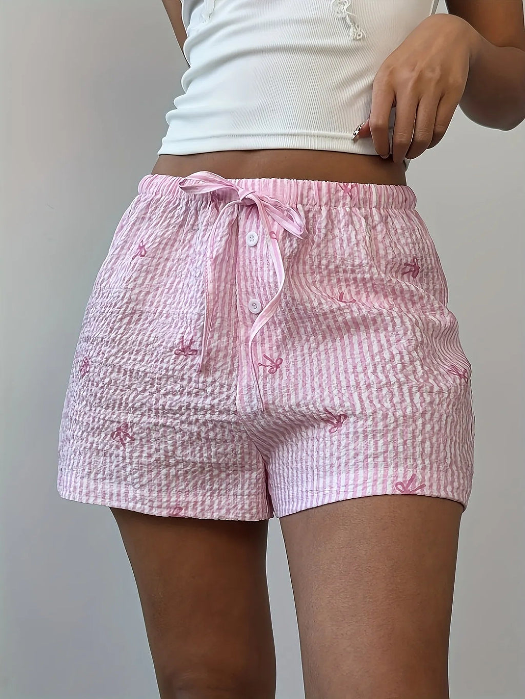 Bow Striped Drawstring Casual Shorts - Aura Apparel