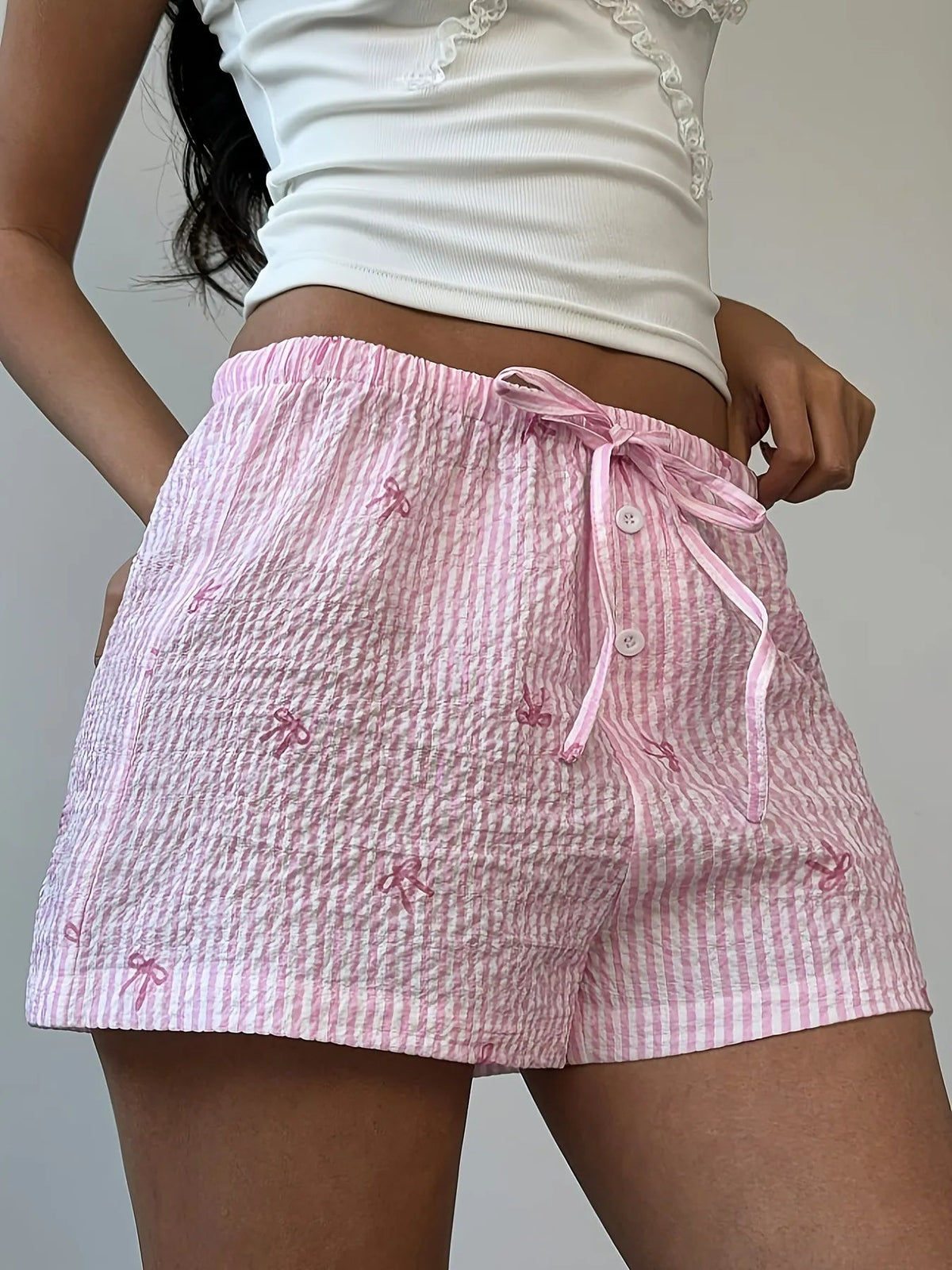 Bow Striped Drawstring Casual Shorts - Aura Apparel