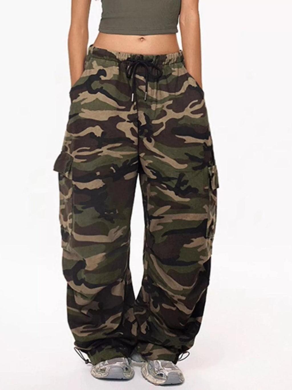 Camouflage Cargo Pants with Drawstring Waist - Aura Apparel