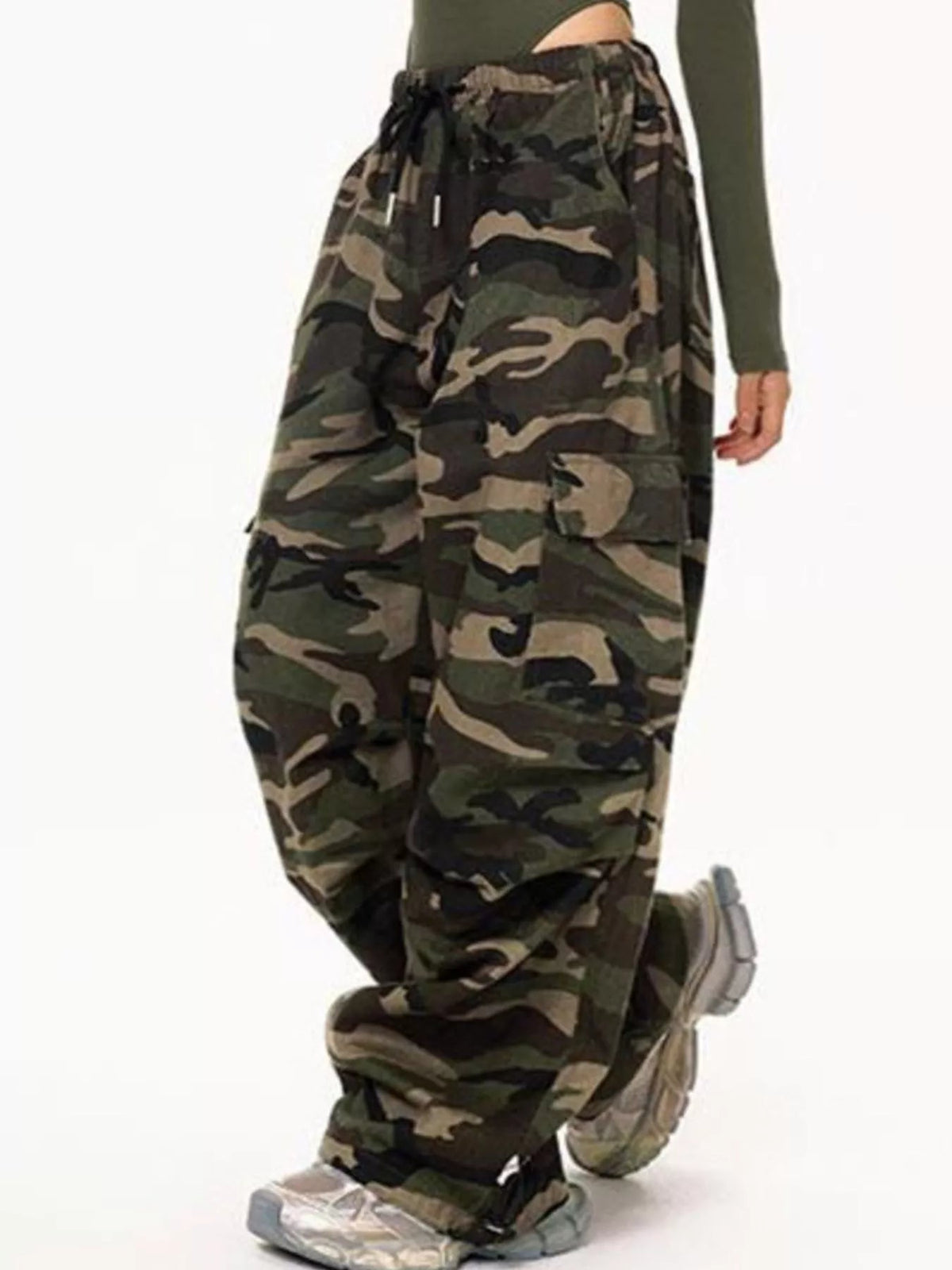Camouflage Cargo Pants with Drawstring Waist - Aura Apparel
