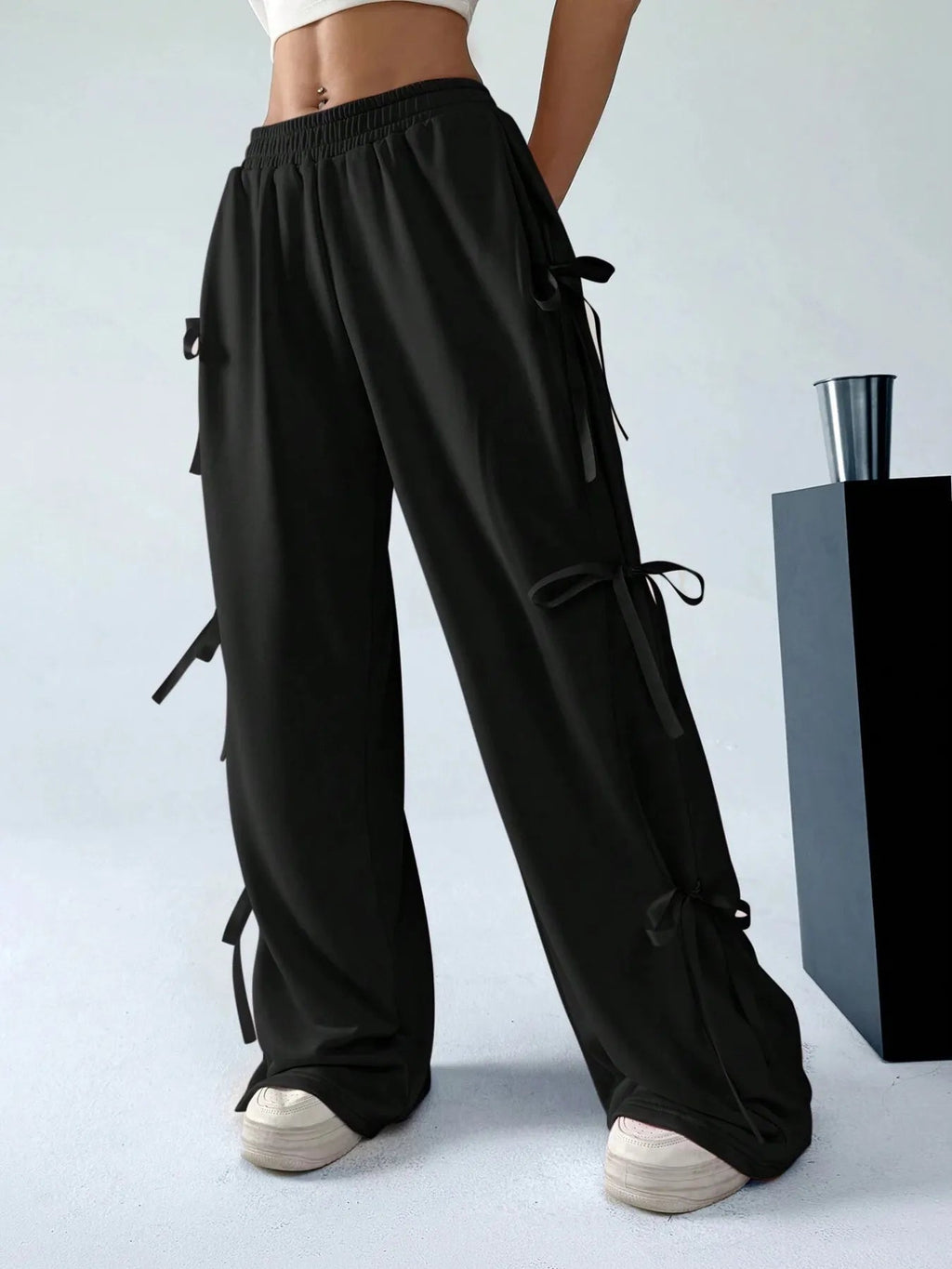 Cargo Wide Leg Pants with Side Tie Details - Aura Apparel
