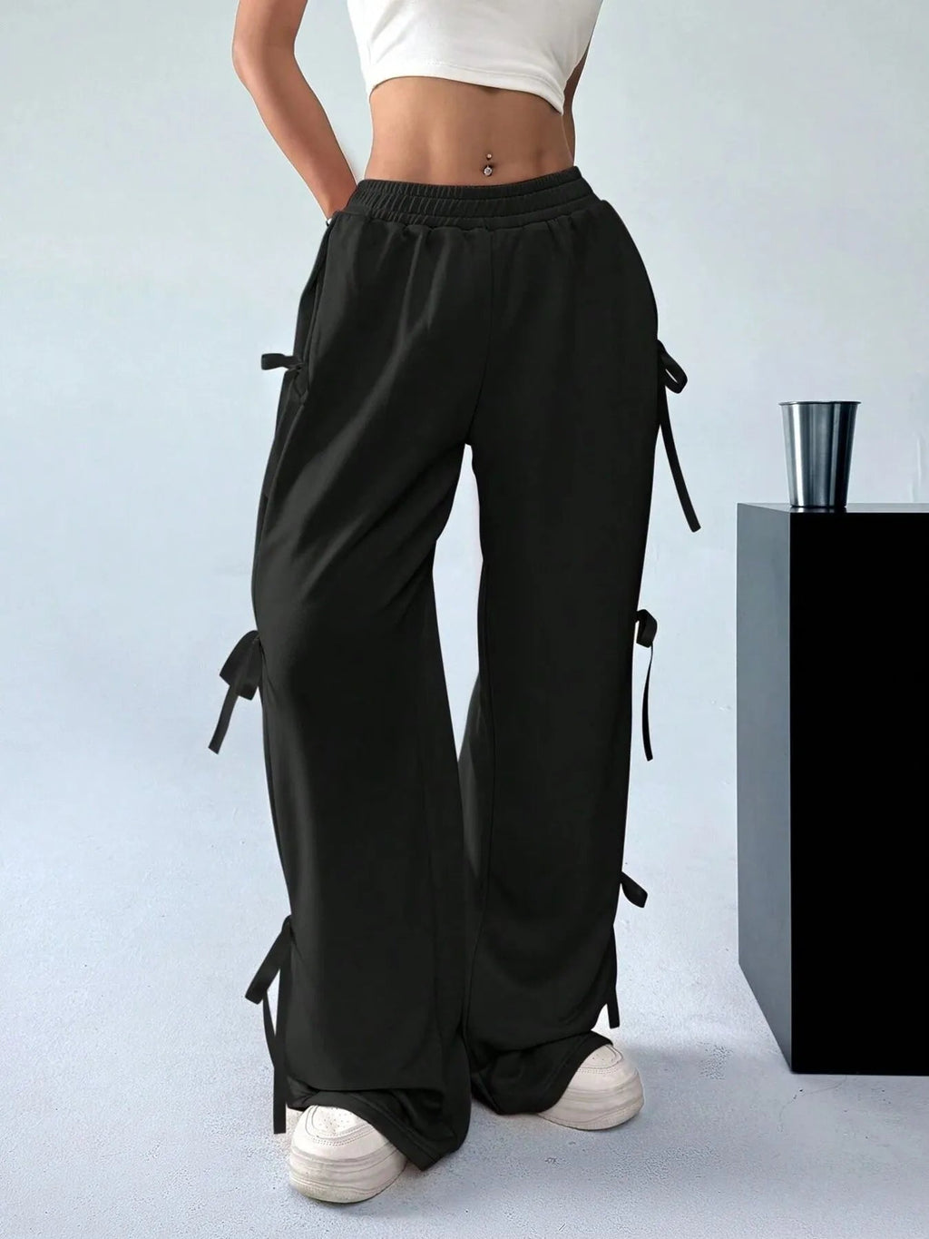 Cargo Wide Leg Pants with Side Tie Details - Aura Apparel