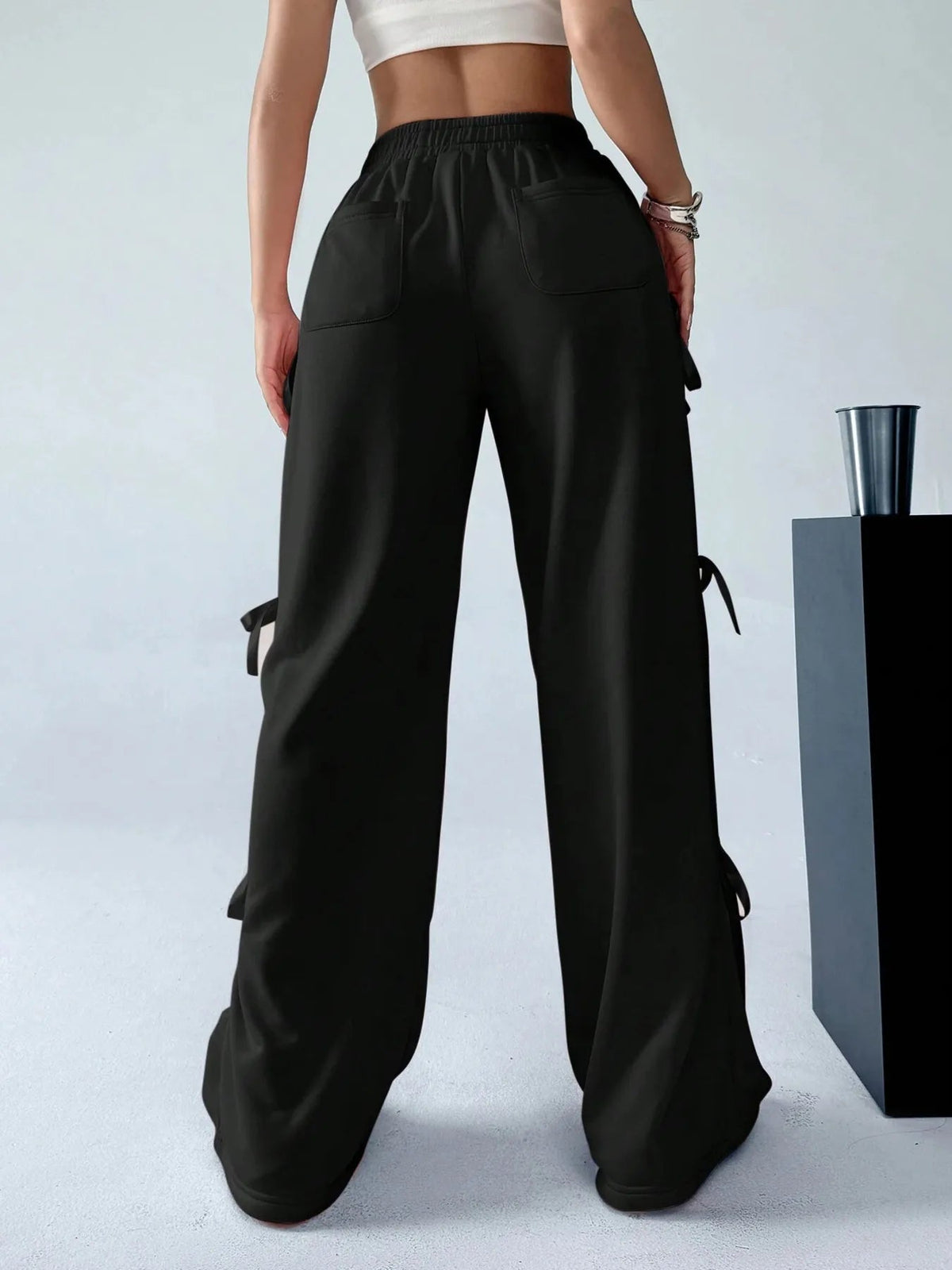 Cargo Wide Leg Pants with Side Tie Details - Aura Apparel