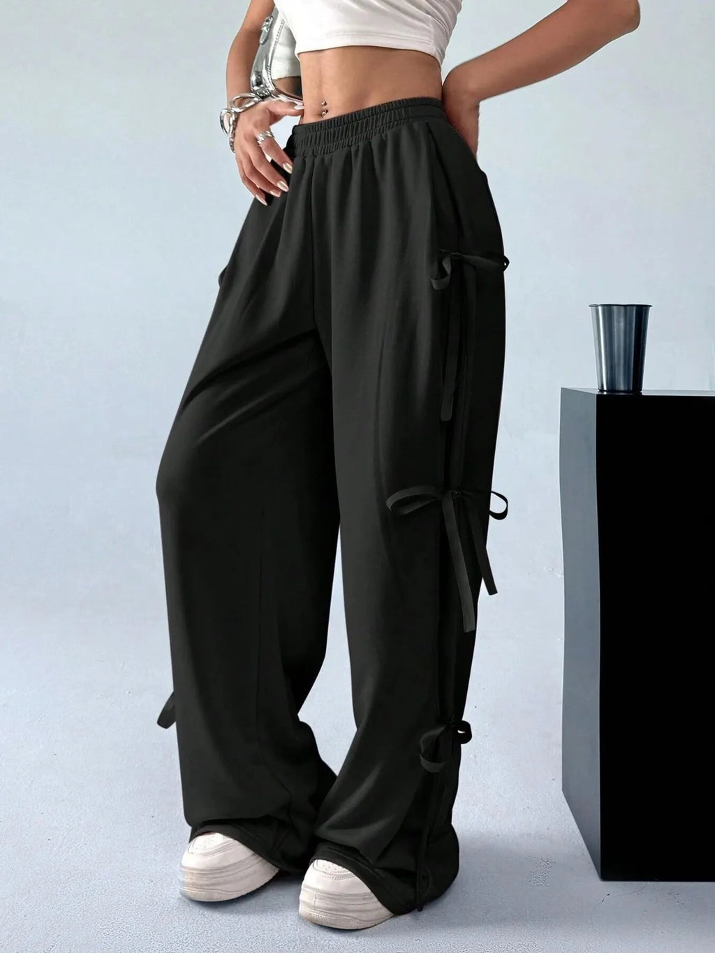 Cargo Wide Leg Pants with Side Tie Details - Aura Apparel
