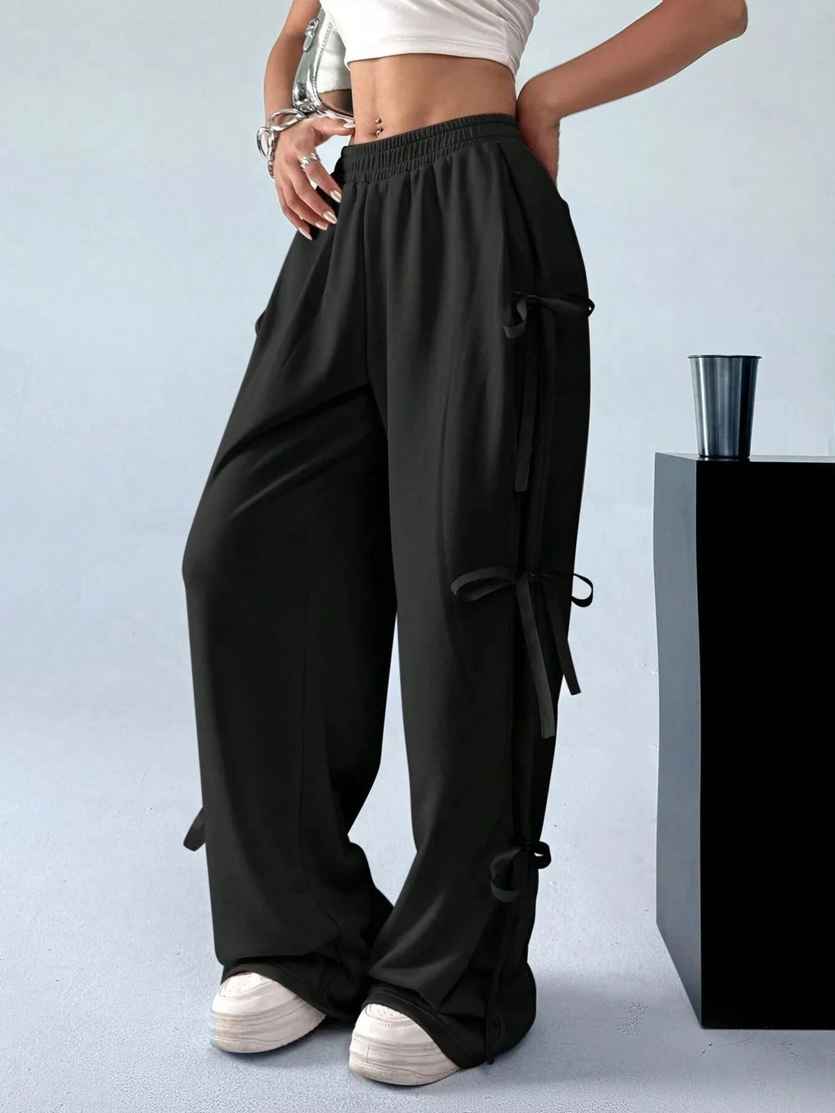 Cargo Wide Leg Pants with Side Tie Details - Aura Apparel