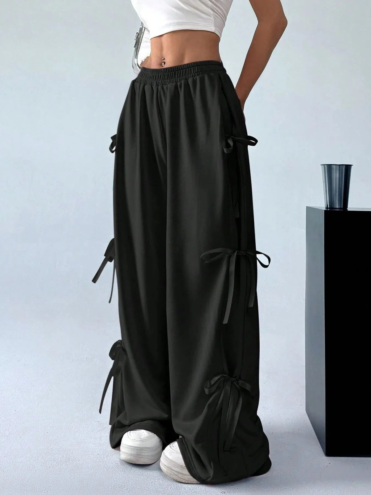 Cargo Wide Leg Pants with Side Tie Details - Aura Apparel