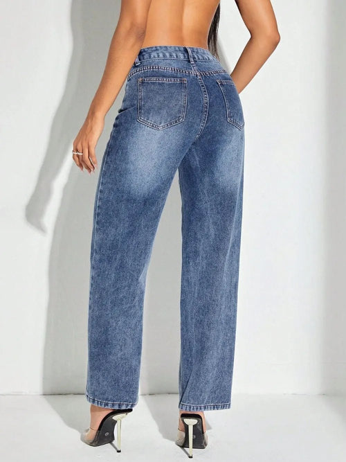 Contrast Patchwork Straight Jeans with Pockets - Aura Apparel