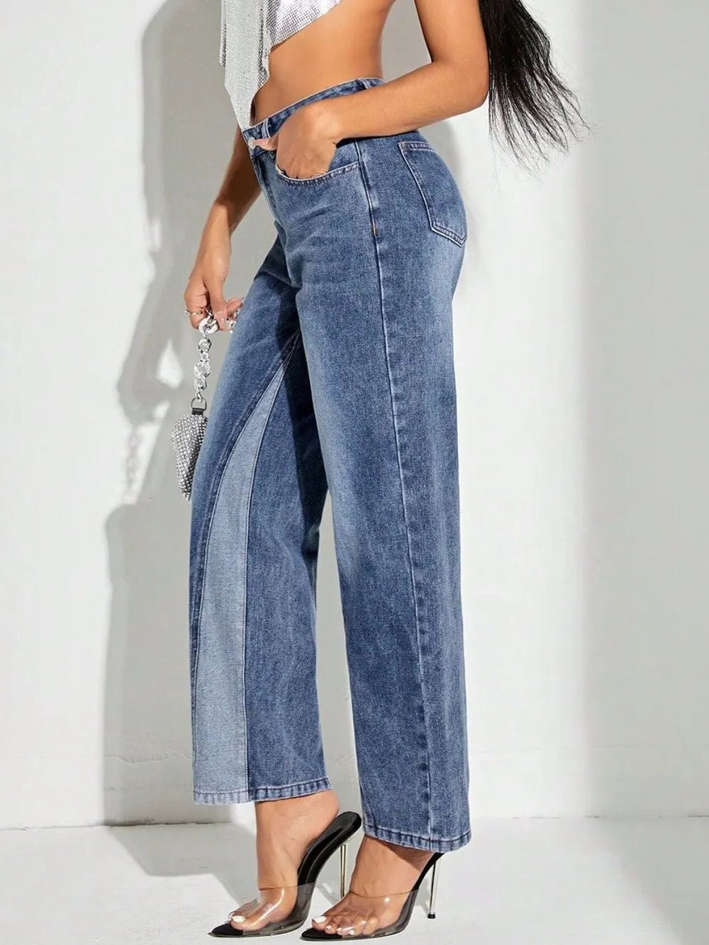 Contrast Patchwork Straight Jeans with Pockets - Aura Apparel