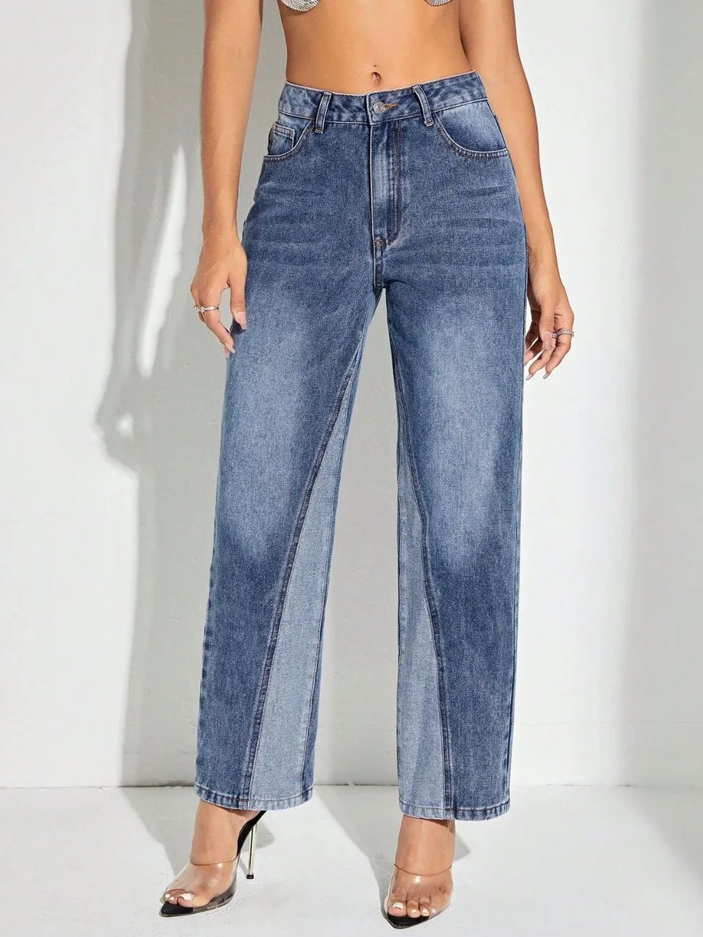 Contrast Patchwork Straight Jeans with Pockets - Aura Apparel