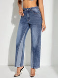 Contrast Patchwork Straight Jeans with Pockets - Aura Apparel