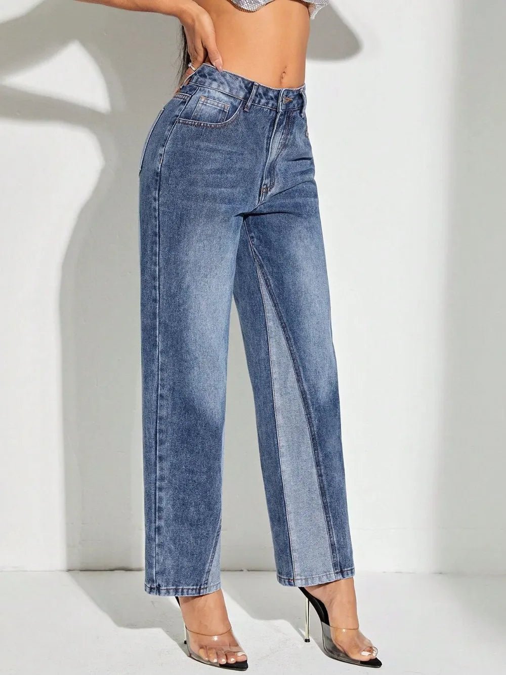Contrast Patchwork Straight Jeans with Pockets - Aura Apparel