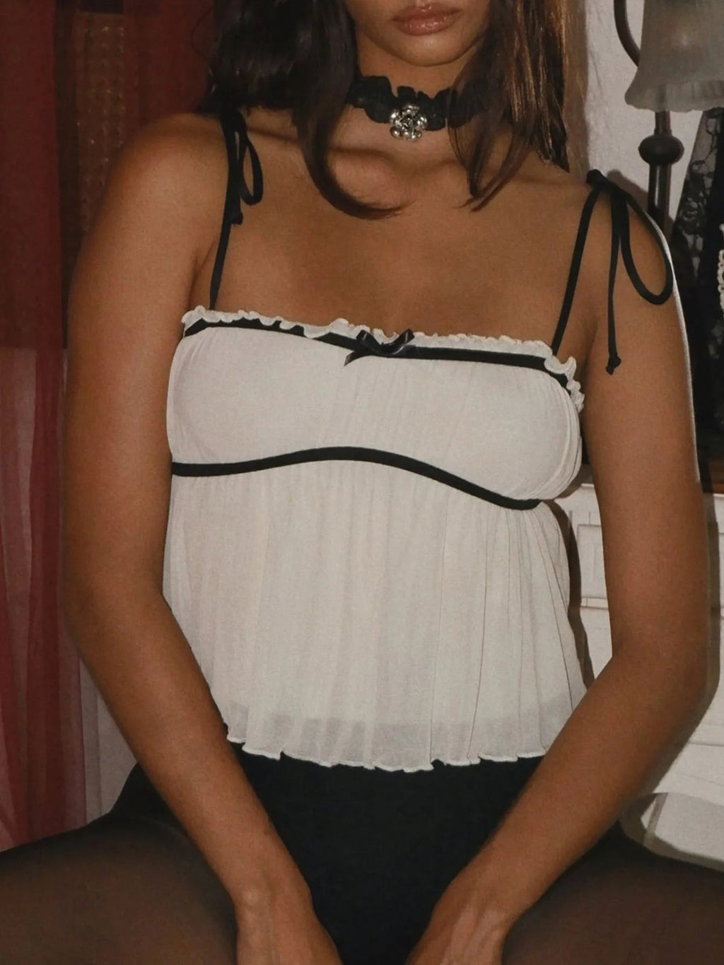 Contrast Trim Tie Straps Cami - Aura Apparel