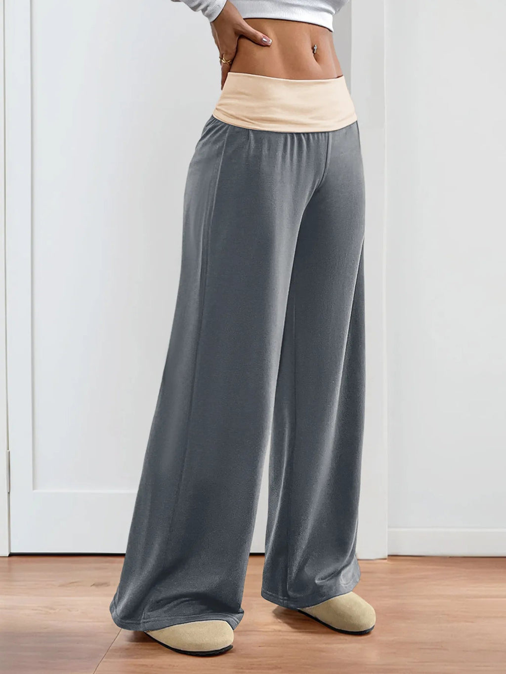 Contrast Waistband Wide Leg Pants - Aura Apparel