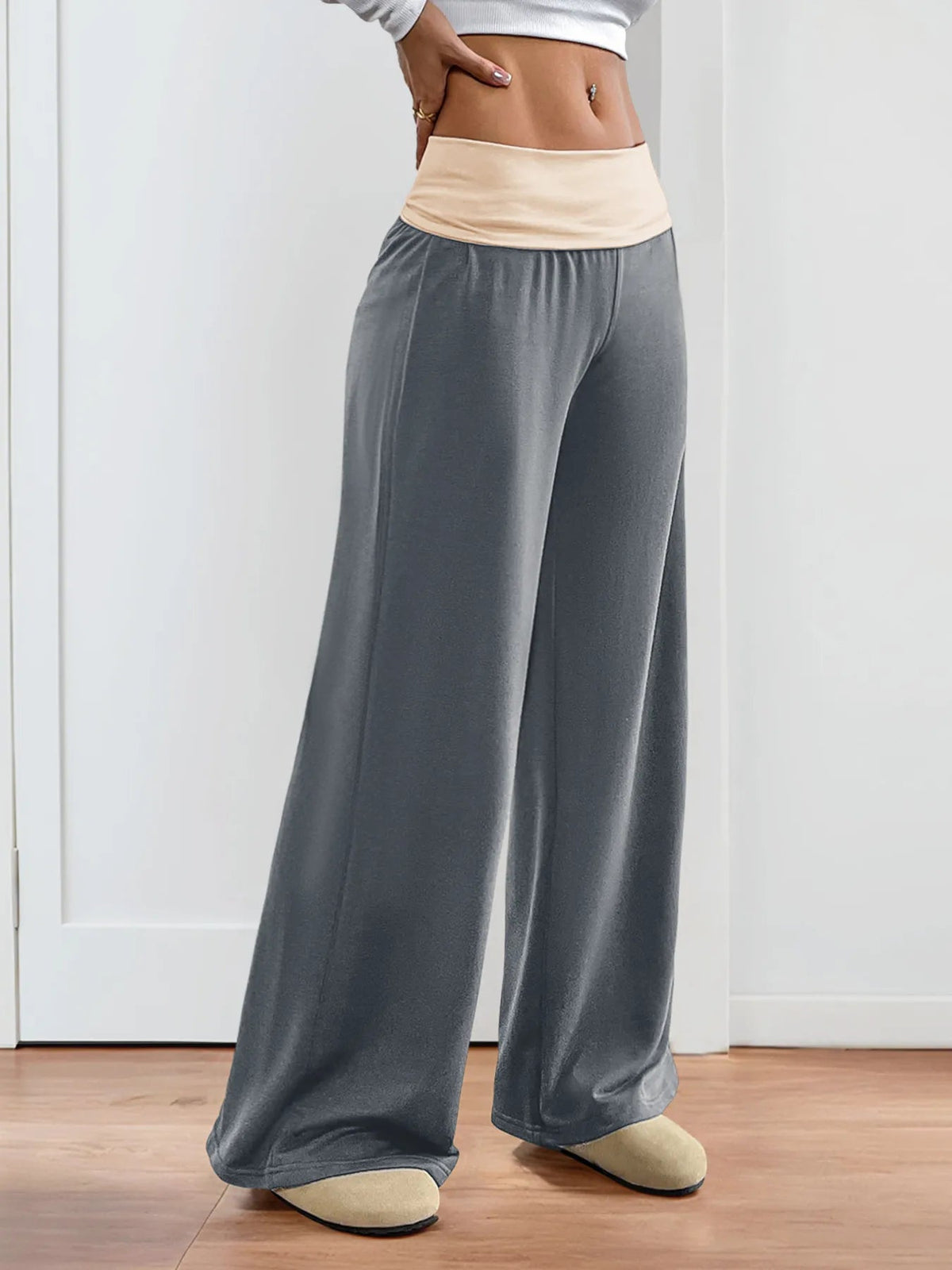 Contrast Waistband Wide Leg Pants - Aura Apparel