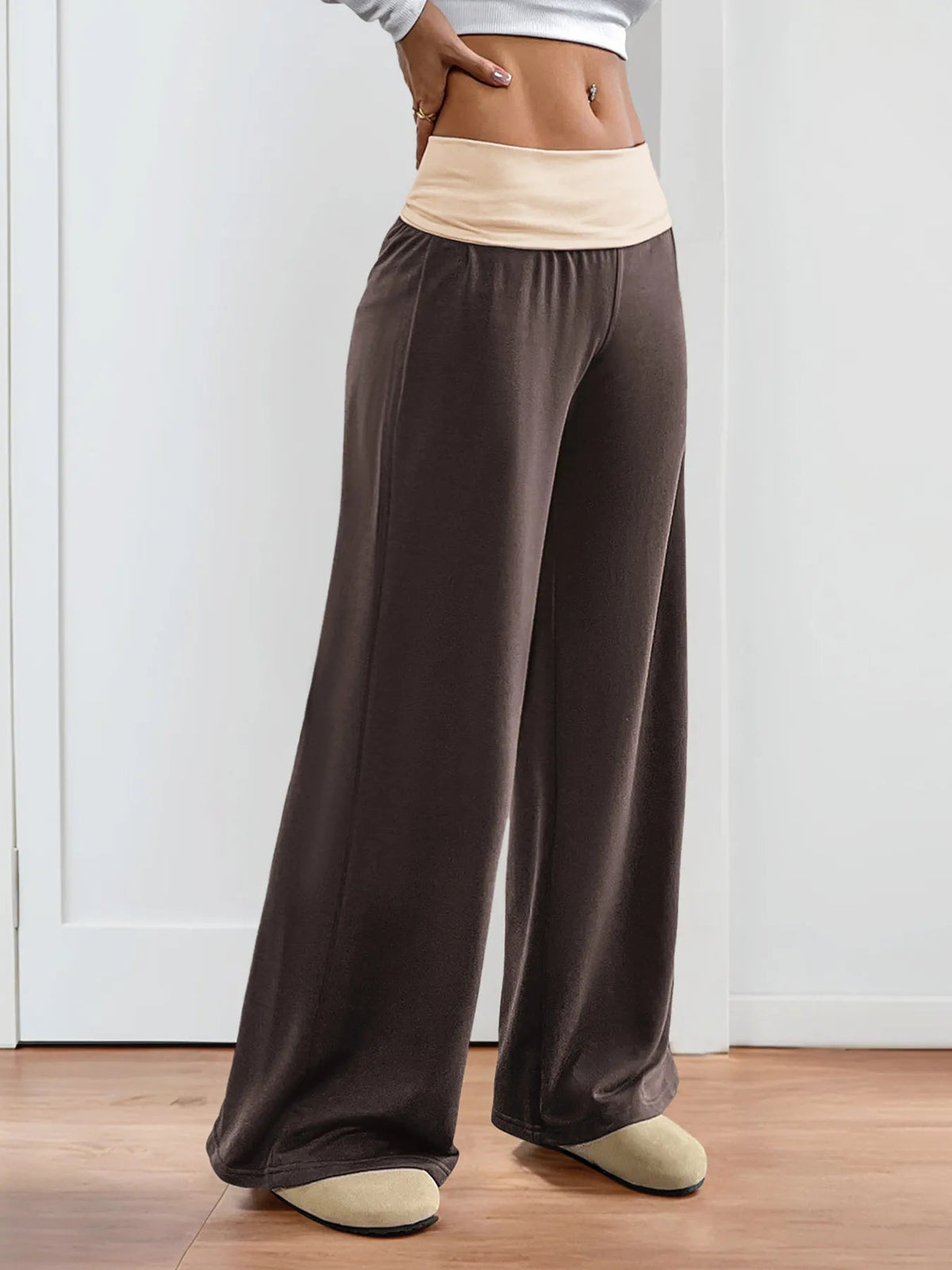 Contrast Waistband Wide Leg Pants - Aura Apparel
