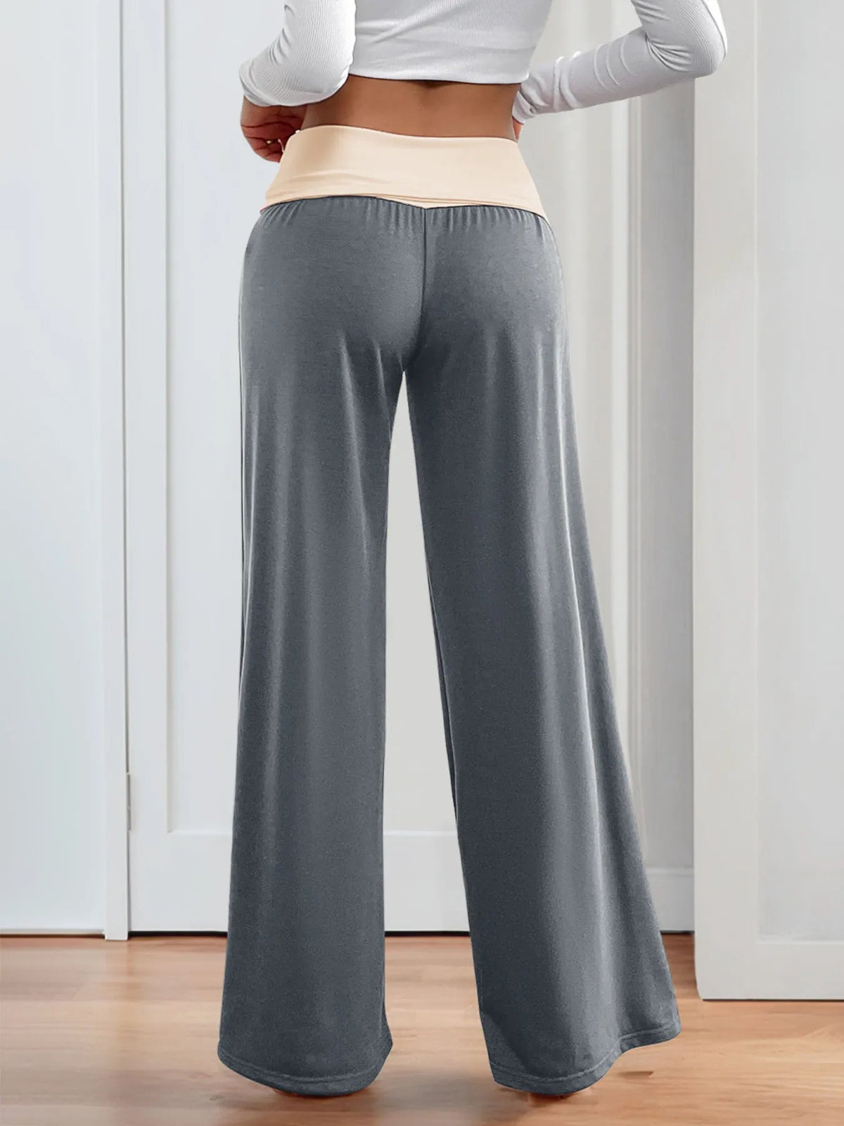 Contrast Waistband Wide Leg Pants - Aura Apparel