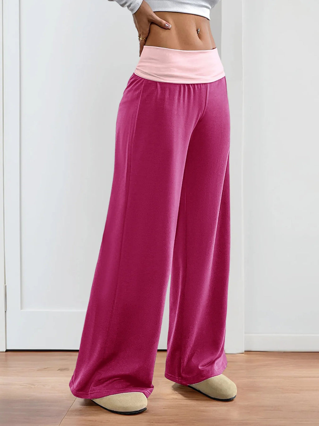 Contrast Waistband Wide Leg Pants - Aura Apparel