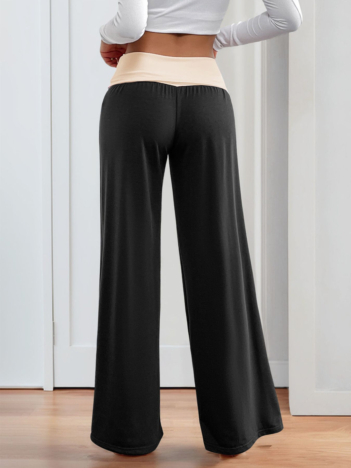 Contrast Waistband Wide Leg Pants - Aura Apparel