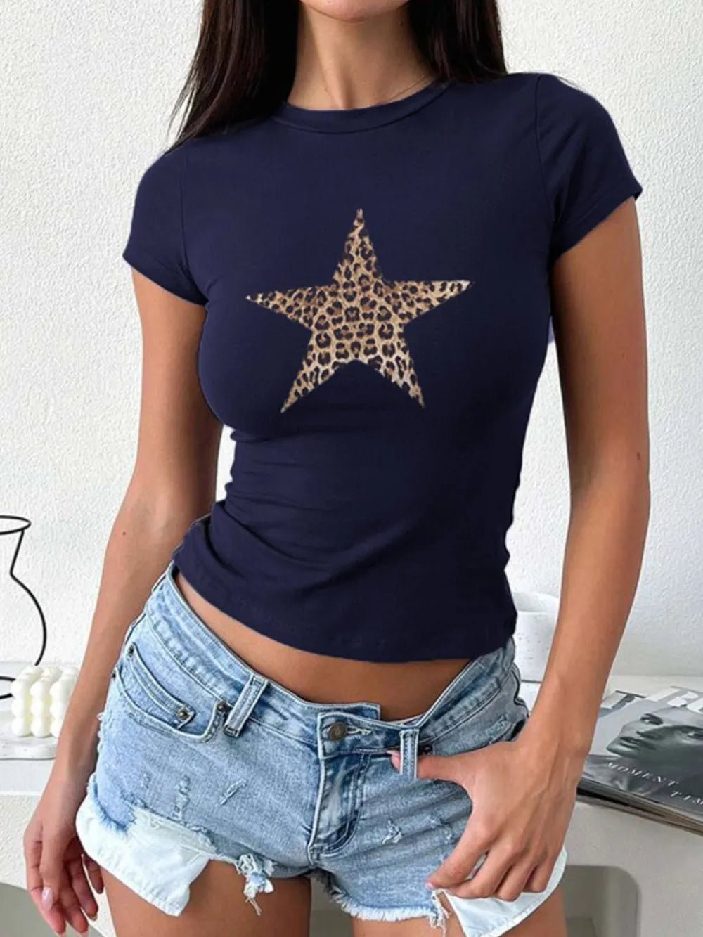 Devine Star Round Neck Short Sleeve T-Shirt - Aura Apparel