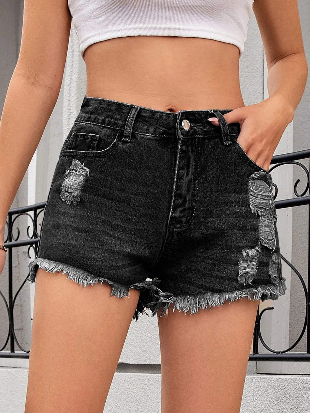 Distressed Raw Hem Denim Shorts - Aura Apparel