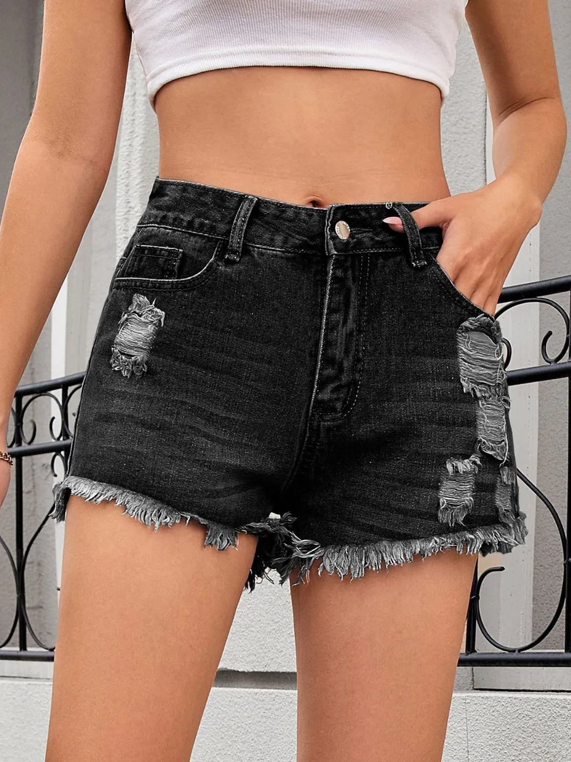 Distressed Raw Hem Denim Shorts - Aura Apparel