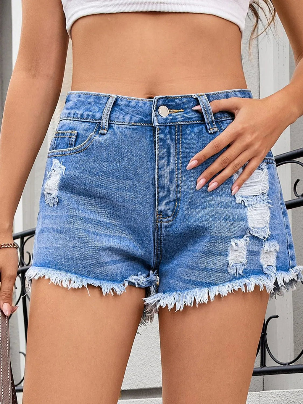 Distressed Raw Hem Denim Shorts - Aura Apparel