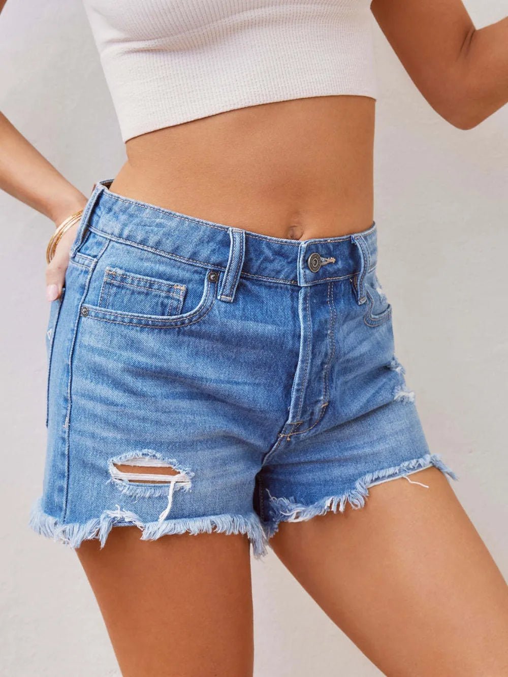 Distressed Raw Hem Denim Shorts - Aura Apparel