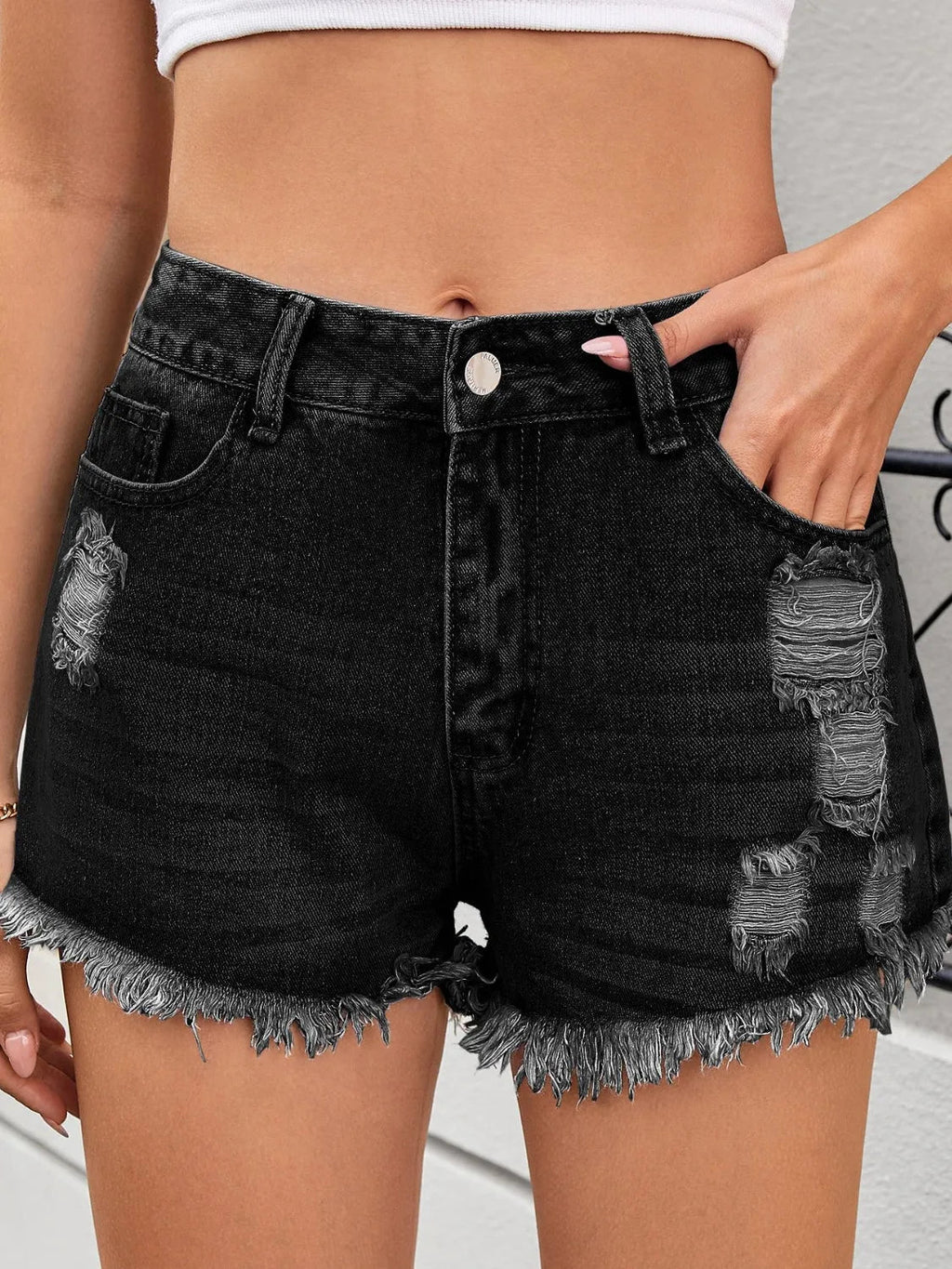 Distressed Raw Hem Denim Shorts - Aura Apparel